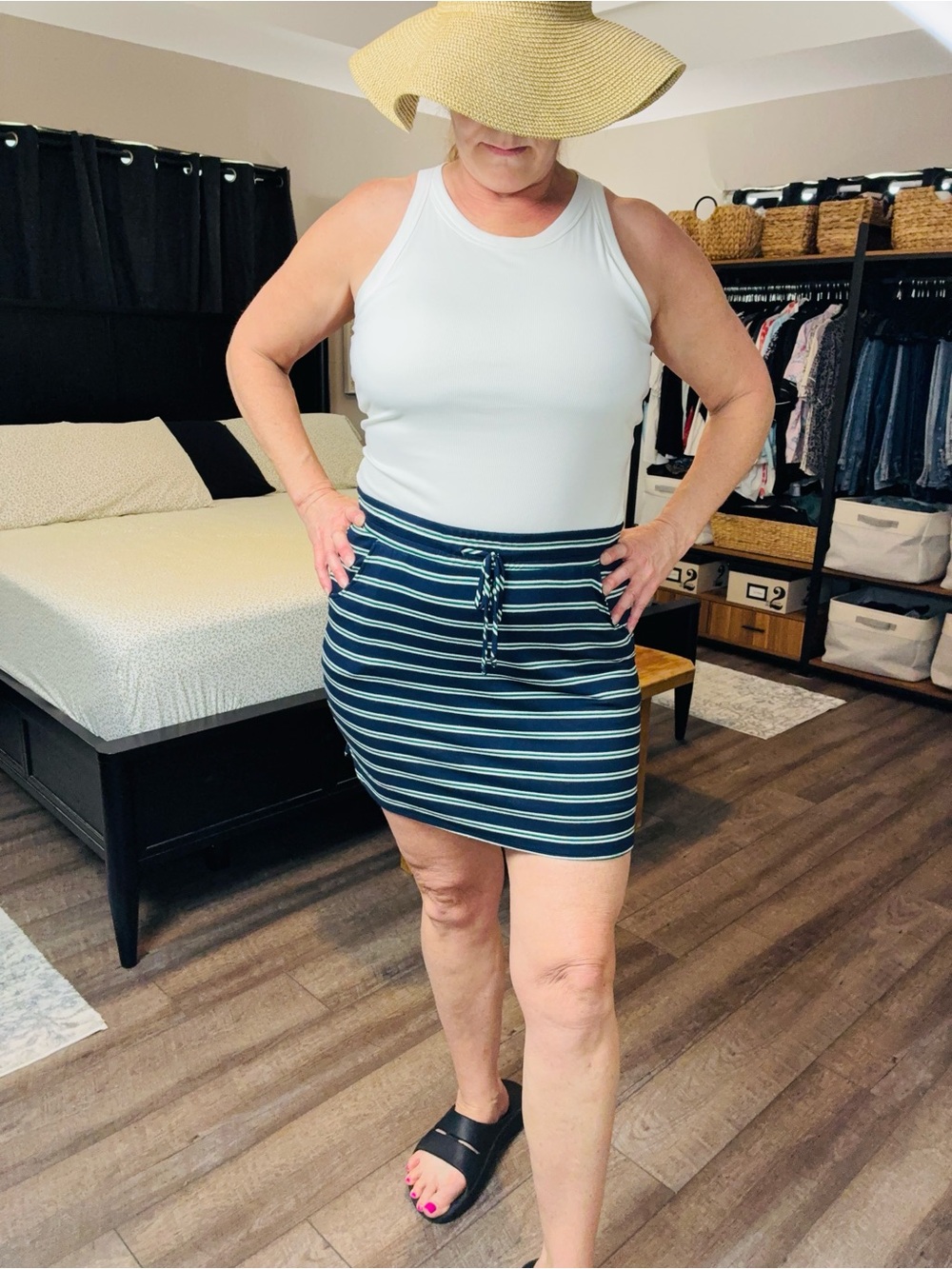 Renee C. Navy and White Striped Drawstring Mini Skirt Large